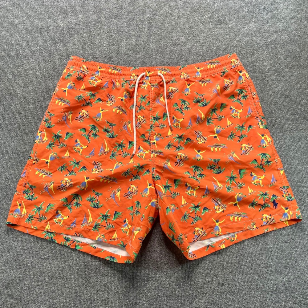 Polo Ralph Lauren Swim Trunks Mens XLT Orange Hawaiian Hula Print Shorts